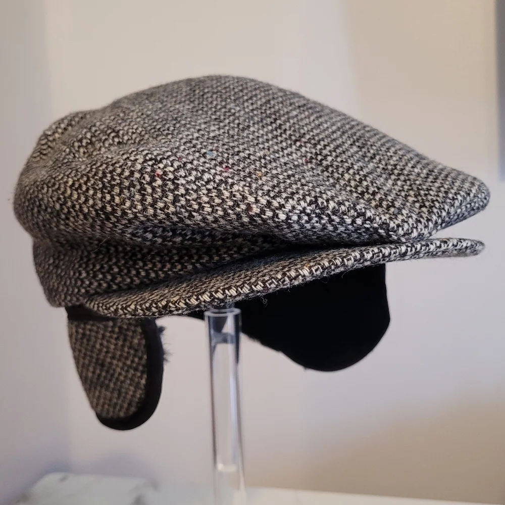 Lake Of The Isles Wool Newsboy Slim Hat Fur Earflaps Mens M Snap Brim Black Gray